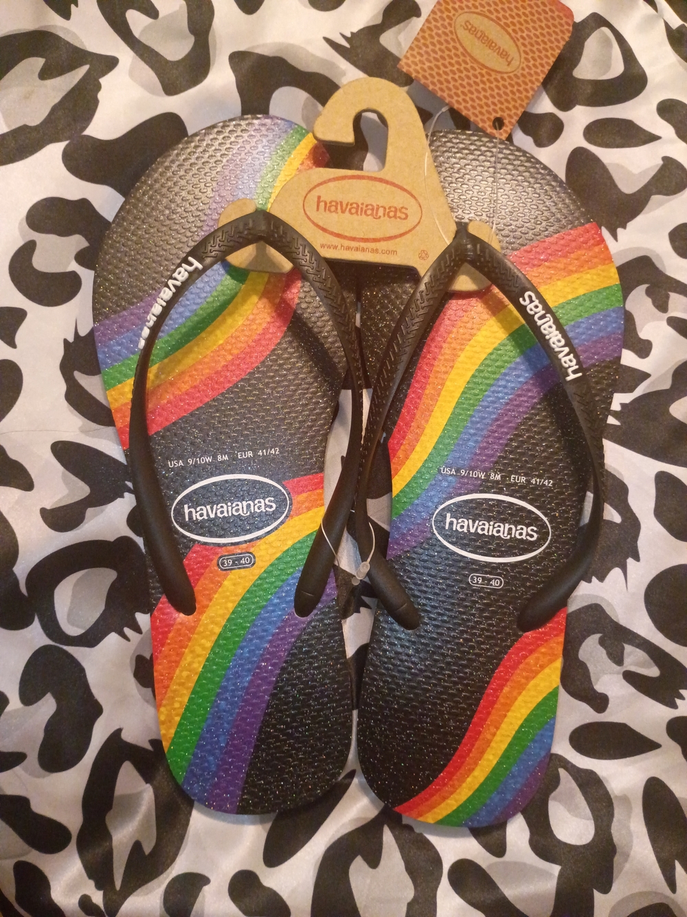 Havaianas Black Flip Flops with Rainbow Stripes & Sparkles ✨ Y2K❤️🌈 PRIDE💙